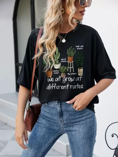 INAWLY 仙人掌和標語圖案落肩T恤