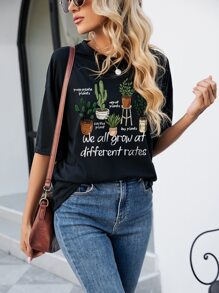 INAWLY 仙人掌和標語圖案落肩T恤 - 黑色 - 查看 3