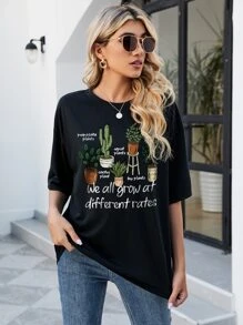 INAWLY 仙人掌和標語圖案落肩T恤 - 黑色 - 查看 4