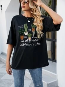 INAWLY 仙人掌和標語圖案落肩T恤 - 黑色 - 查看 5