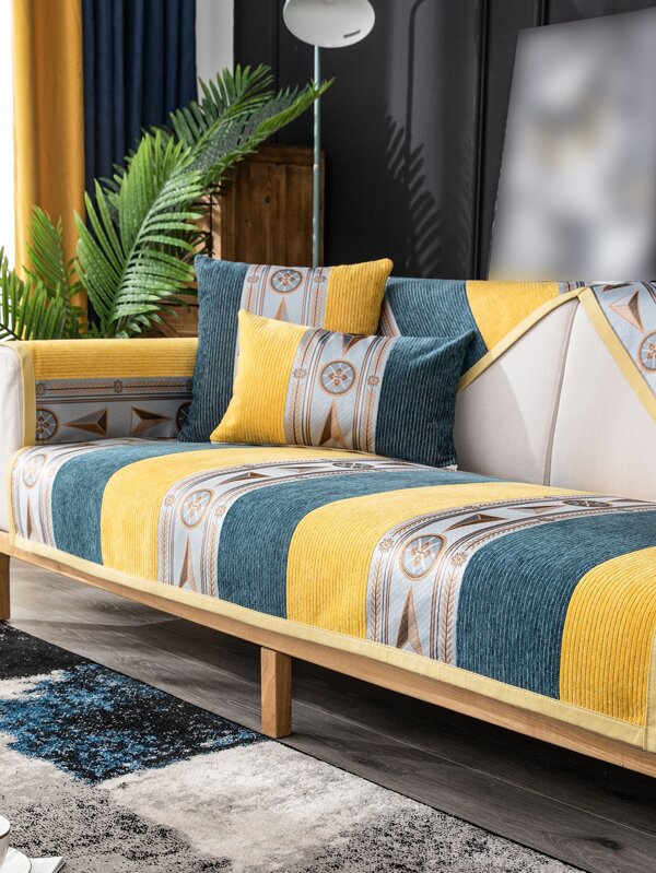 יחידה מגבת ספה רקומה גיאומטרית, שמיכת כיסוי ספה פוליאסטר בוהו לכל העונה