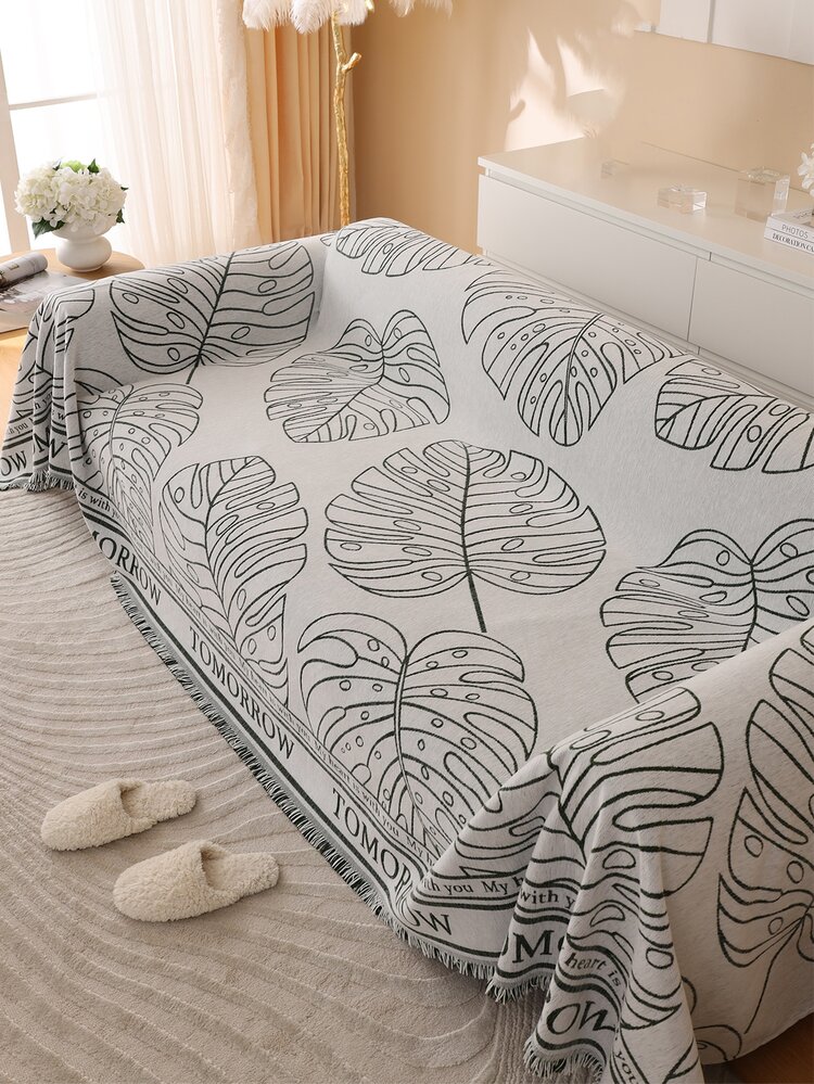 כיסוי ספה עם הדפס עלים טרופיים 1 יחידה, מגבת ספה מודרנית לסלון - ירוק - ראה 1