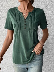 EMERY ROSE Áo thun nữ Nút Nút phía trước Nút giả màu trơn Giải trí - Màu xanh lá cây đậm - Xem 3