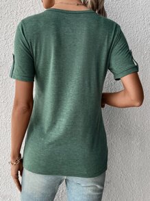 EMERY ROSE Áo thun nữ Nút Nút phía trước Nút giả màu trơn Giải trí - Màu xanh lá cây đậm - Xem 2