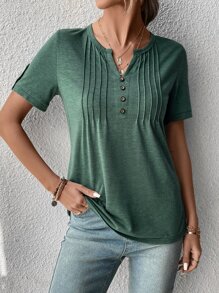 EMERY ROSE Áo thun nữ Nút Nút phía trước Nút giả màu trơn Giải trí - Màu xanh lá cây đậm - Xem 1