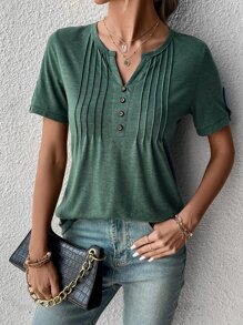EMERY ROSE Áo thun nữ Nút Nút phía trước Nút giả màu trơn Giải trí - Màu xanh lá cây đậm - Xem 6