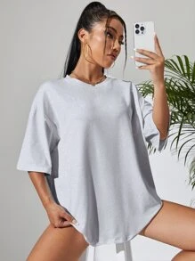 INAWLY Solid Drop Shoulder Tee - Light Grey - View 5