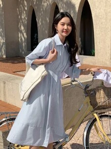 DAZY Vestido camisero de rayas verticales bajo con fruncido - Azul - Ver 1