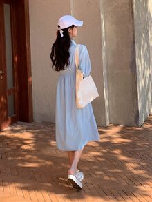 DAZY Vestido camisero de rayas verticales bajo con fruncido - Azul - Ver 2