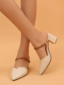 秋冬女士高跟穆勒鞋尖头春夏新款时尚粗跟两穿米色凉鞋，优雅派对风