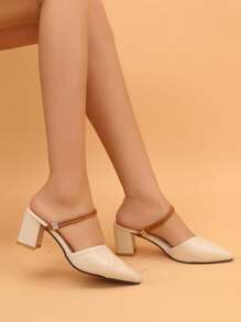 秋冬女士高跟穆勒鞋尖头春夏新款时尚粗跟两穿米色凉鞋，优雅派对风