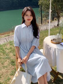 DAZY Vestido camisero de rayas verticales bajo con fruncido - Azul - Ver 5