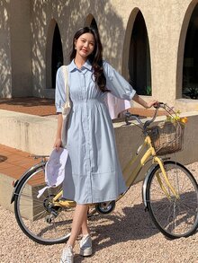 DAZY Vestido camisero de rayas verticales bajo con fruncido - Azul - Ver 7