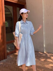 DAZY Vestido camisero de rayas verticales bajo con fruncido - Azul - Ver 8