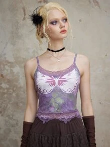 ROMWE Fairycore Butterfly Print Contrast Lace Cami Top - Purple - View 1