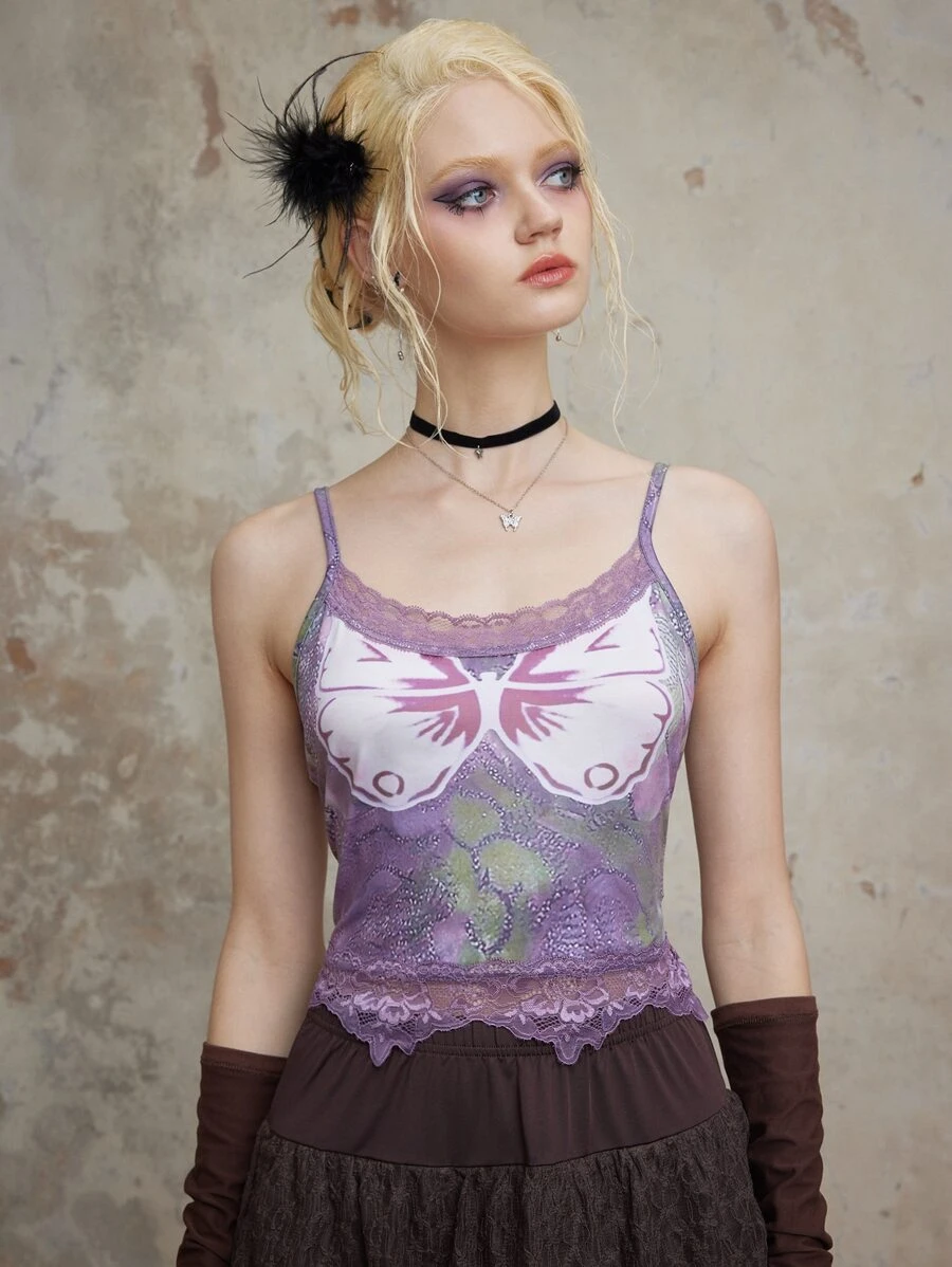 ROMWE Fairycore Butterfly Print Contrast Lace Cami Top - Purple - View 1