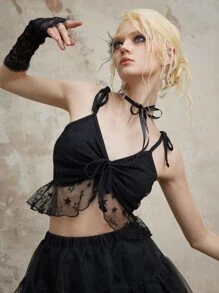 ROMWE Fairycore Áo khoác và áo lót dành cho xe tăng nữ Tương phản Mesh Thắt nút Hình học Gợi cảm - màu đen - Xem 4