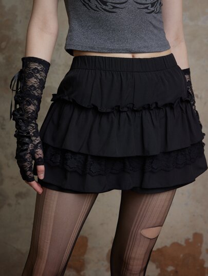 Fairycore Contrast Lace Frill Trim Skort, School