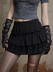 ROMWE Fairycore Váy xòe viền ren tương phản, đi học - màu đen - Xem 2