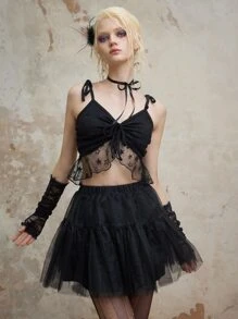 ROMWE Fairycore Áo khoác và áo lót dành cho xe tăng nữ Tương phản Mesh Thắt nút Hình học Gợi cảm - màu đen - Xem 6