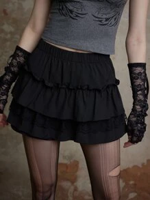 ROMWE Fairycore Váy xòe viền ren tương phản, đi học - màu đen - Xem 3