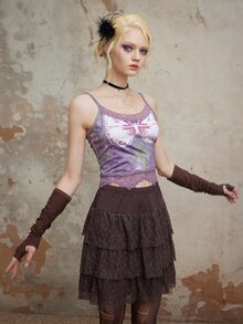 ROMWE Fairycore Butterfly Print Contrast Lace Cami Top - Purple - View 4
