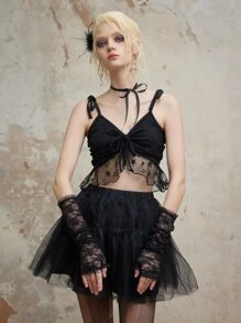 ROMWE Fairycore Áo khoác và áo lót dành cho xe tăng nữ Tương phản Mesh Thắt nút Hình học Gợi cảm - màu đen - Xem 5