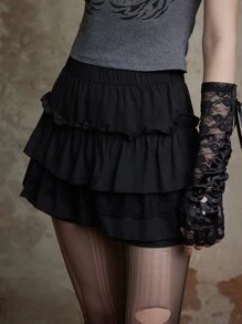 ROMWE Fairycore Váy xòe viền ren tương phản, đi học - màu đen - Xem 4