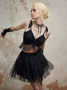 ROMWE Fairycore Áo khoác và áo lót dành cho xe tăng nữ Tương phản Mesh Thắt nút Hình học Gợi cảm - màu đen - Xem 9