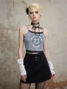 ROMWE Fairycore Solid Flap Pocket Denim Skirt - Black - View 6