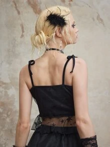 ROMWE Fairycore Áo khoác và áo lót dành cho xe tăng nữ Tương phản Mesh Thắt nút Hình học Gợi cảm - màu đen - Xem 8