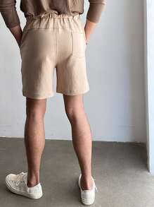 Men Drawstring Waist Seam Detail Shorts - Khaki - View 2