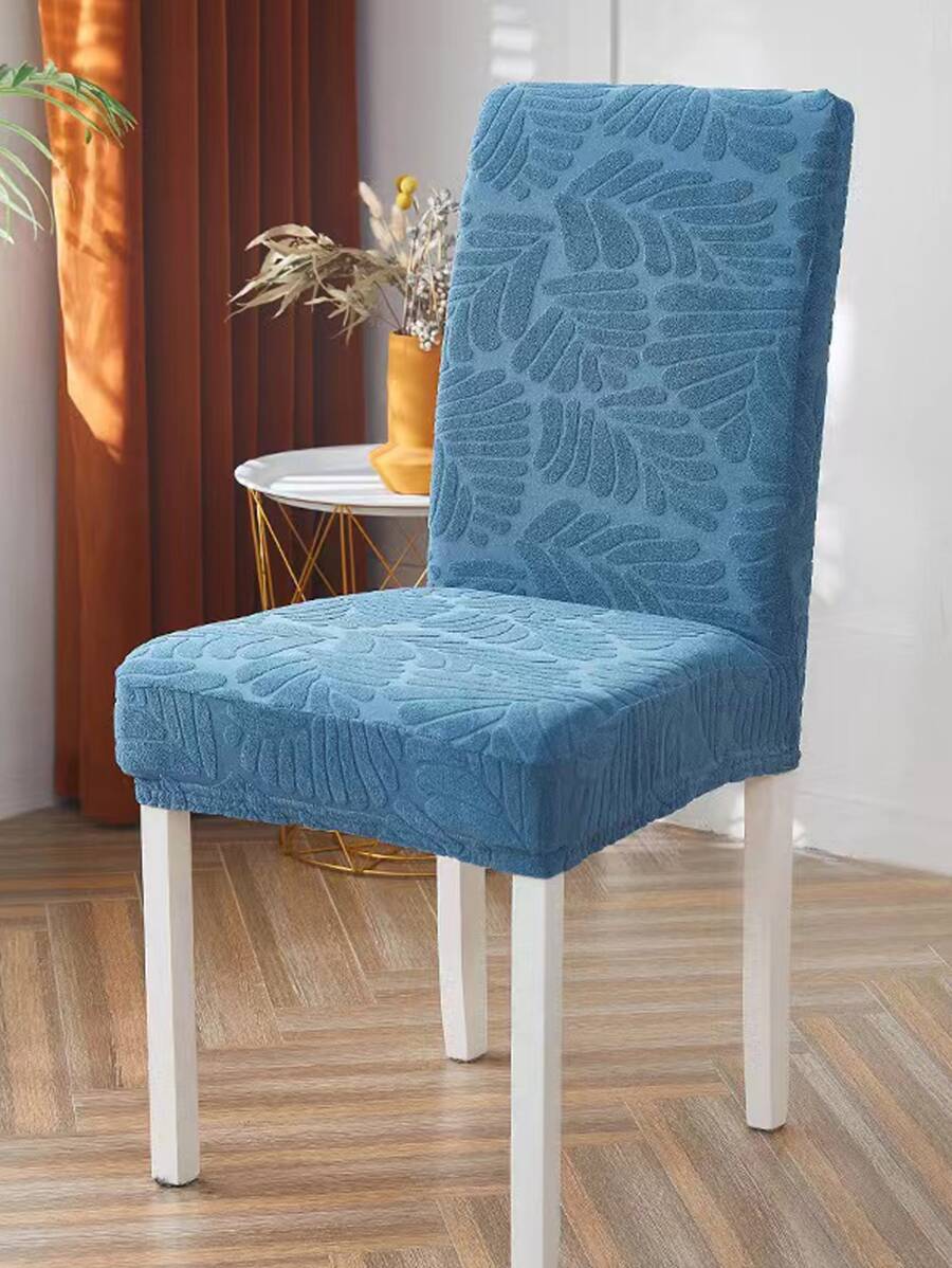1pc Leaf Jacquard Dining Chair Slipcover, Polyester Dining Room Chair Slipcover For Home - Blue - View 1