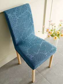 1pc Leaf Jacquard Dining Chair Slipcover, Polyester Dining Room Chair Slipcover For Home - Blue - View 2