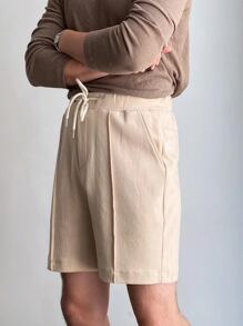 Men Drawstring Waist Seam Detail Shorts - Khaki - View 3