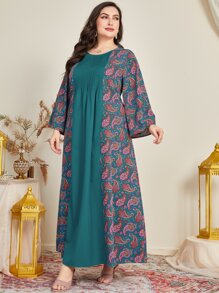 Al Najma Plus Size Paisley Print Flounce Sleeve Dress - Multicolor - View 3