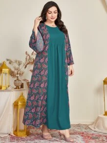 Al Najma Plus Size Paisley Print Flounce Sleeve Dress - Multicolor - View 5