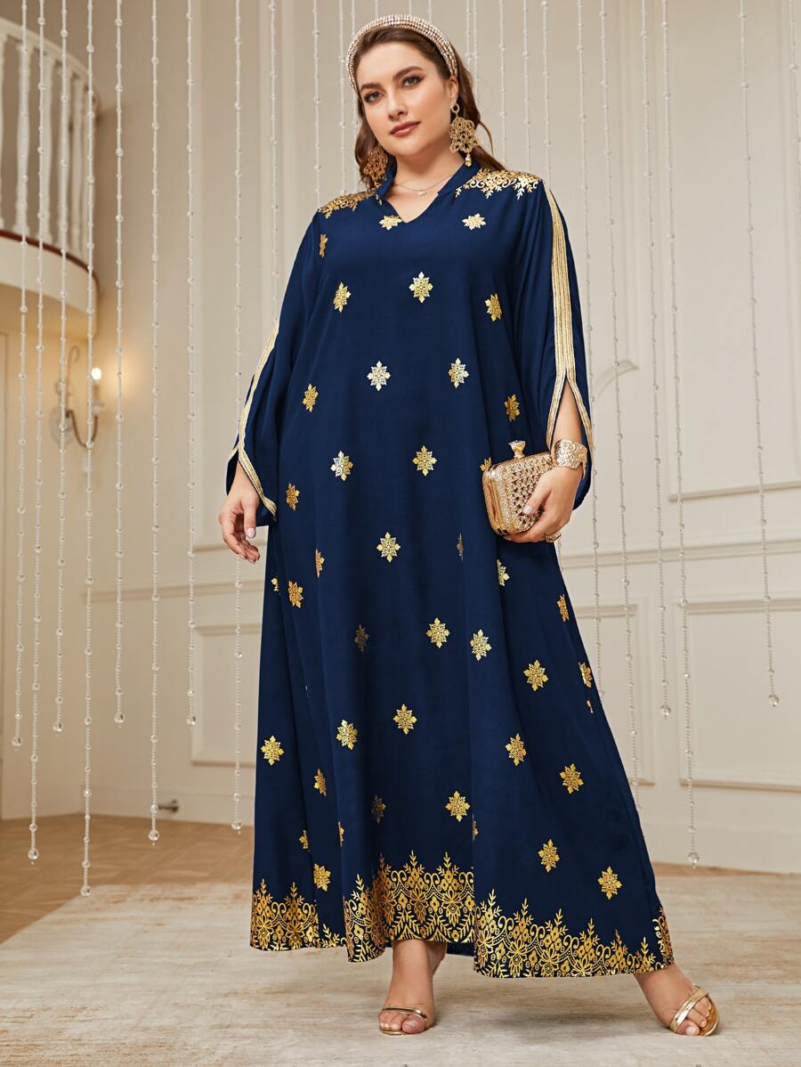 Al Najma Trang phục Ả Rập cộng với kích thước Hoa Baroque - Màu xanh hải quân - Xem 1