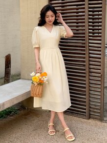 DAZY Đầm màu trơn Giải trí - Màu be - Xem 4