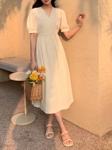 DAZY Đầm màu trơn Giải trí - Màu be - Xem 6