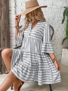 Breezaya Geo Print Flounce Sleeve Ruffle Hem Smock Dress - Multicolor - View 4