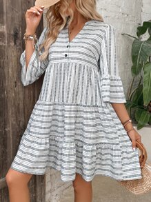 Breezaya Geo Print Flounce Sleeve Ruffle Hem Smock Dress - Multicolor - View 5