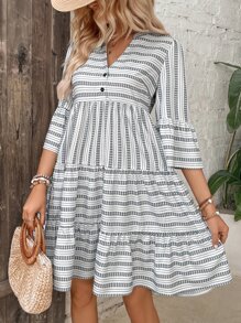 Breezaya Geo Print Flounce Sleeve Ruffle Hem Smock Dress - Multicolor - View 6