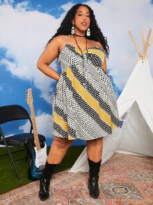 SHEIN CURVE+ 大碼波點圖案吊帶連衣裙 - 彩色 - 查看 4