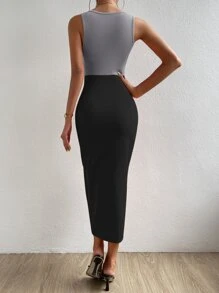 Chiquease Two Tone Twist Front Split Thigh Dress Maxi Women Outfit - Black - View 2