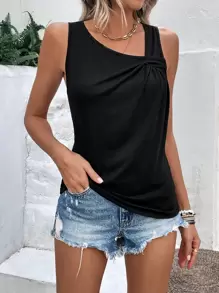 Balvessa Top tank unicolor de cuello asimétrico - Negro - Ver 5
