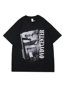 Hombres Camiseta de hombros caídos con estampado de letra - Negro - Ver 1