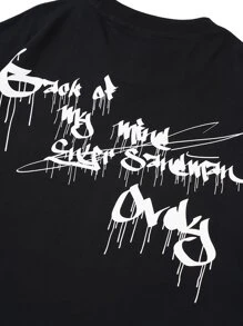Hombres Camiseta de hombros caídos con estampado de letra - Negro - Ver 3