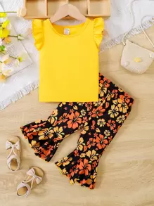 Baby Ruffle Trim Tee & Floral Print Flare Leg Trousers - Multicolor - View 1
