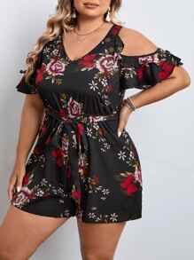 SHEIN Clasi Plus Floral Print Cold Shoulder Belted Romper - Multicolor - View 5